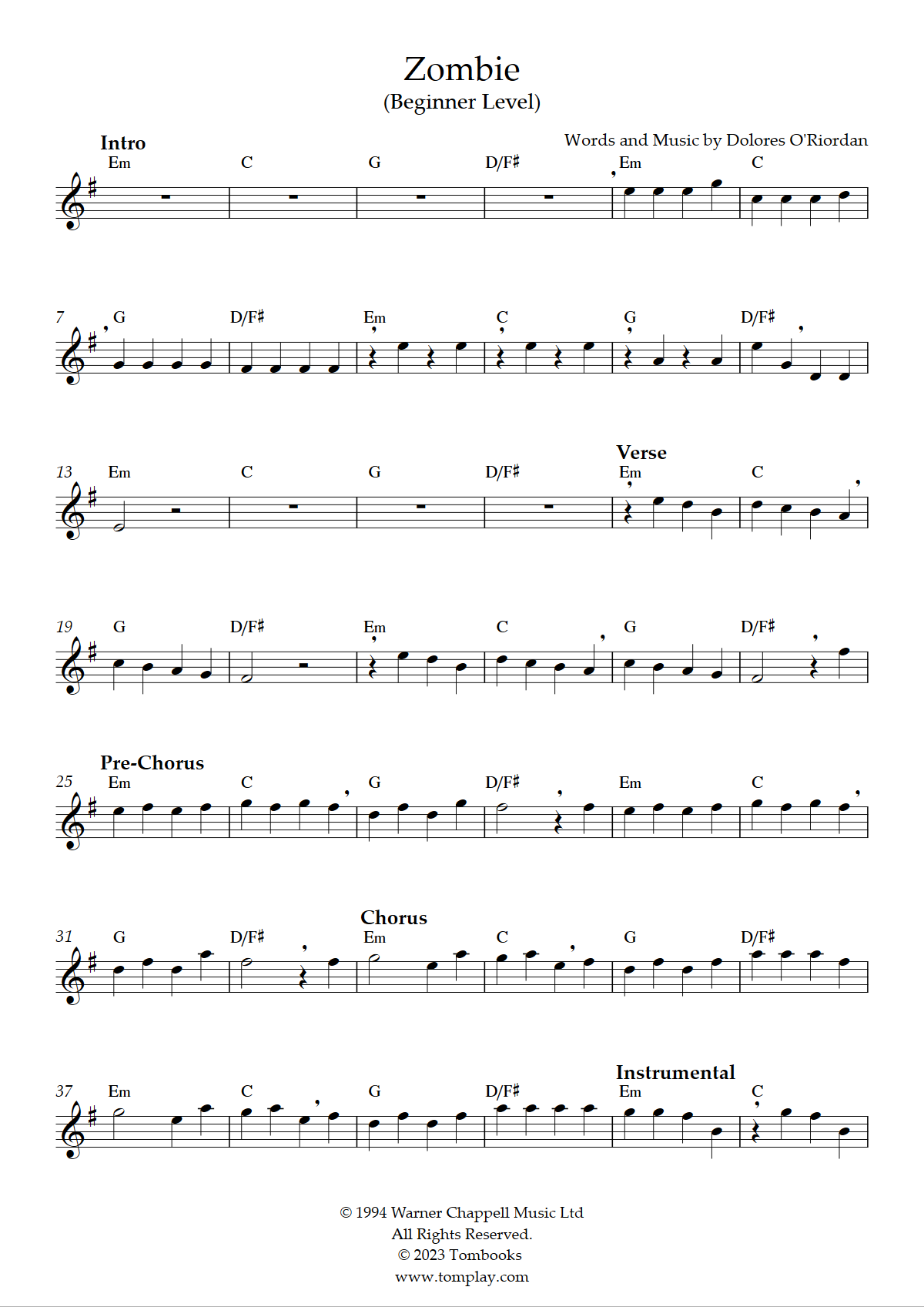 Zombie Sheet Music, The Cranberries