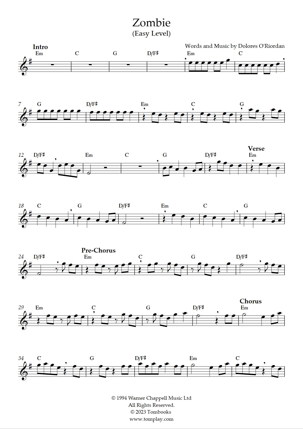 Zombie Sheet Music, The Cranberries, Easy Guitar