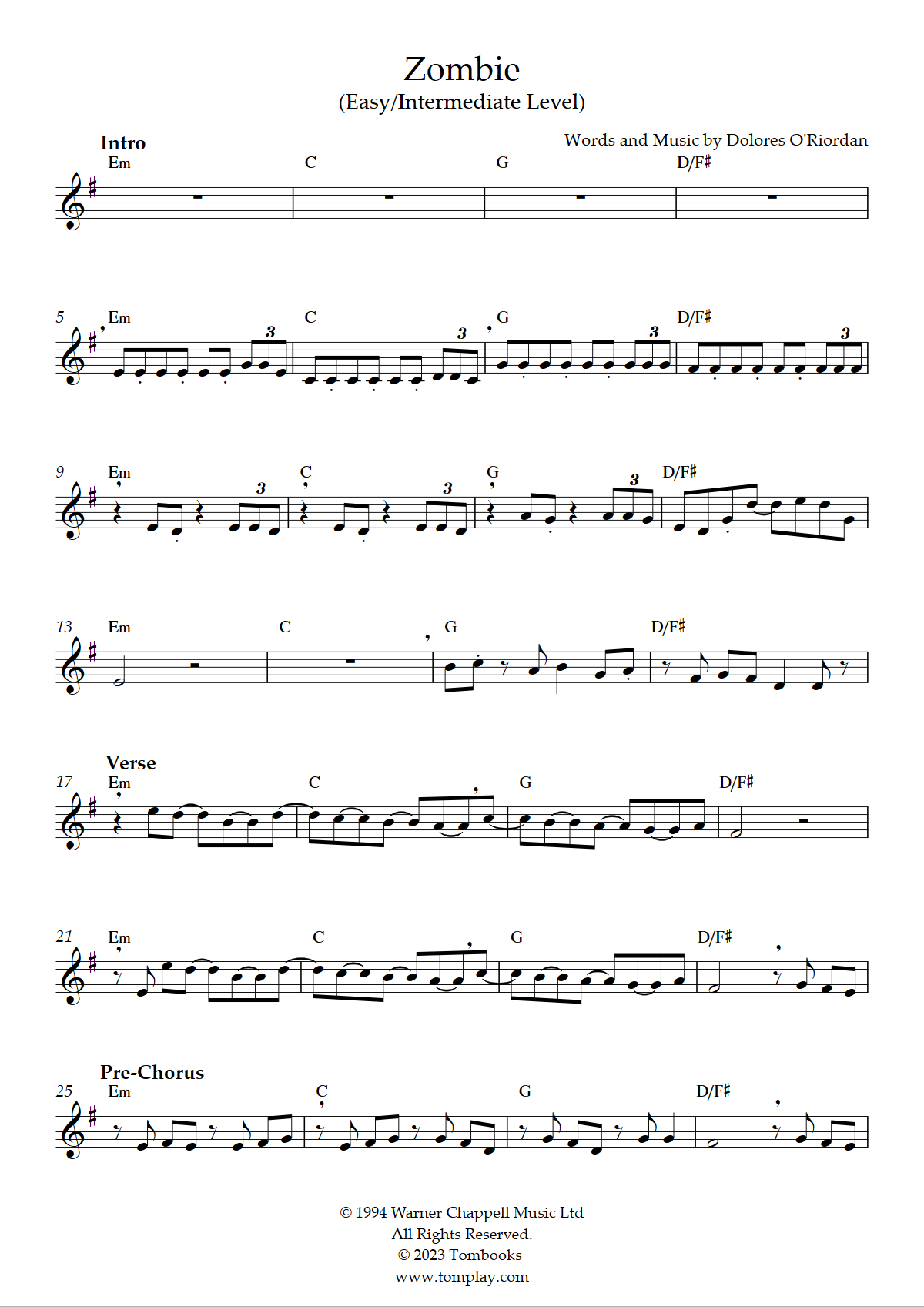 Zombie Sheet Music, The Cranberries