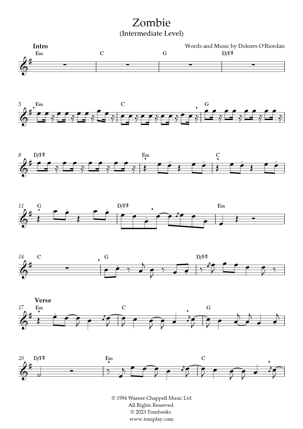 Zombie (The Cranberries) by D. O'Riordan - sheet music on MusicaNeo