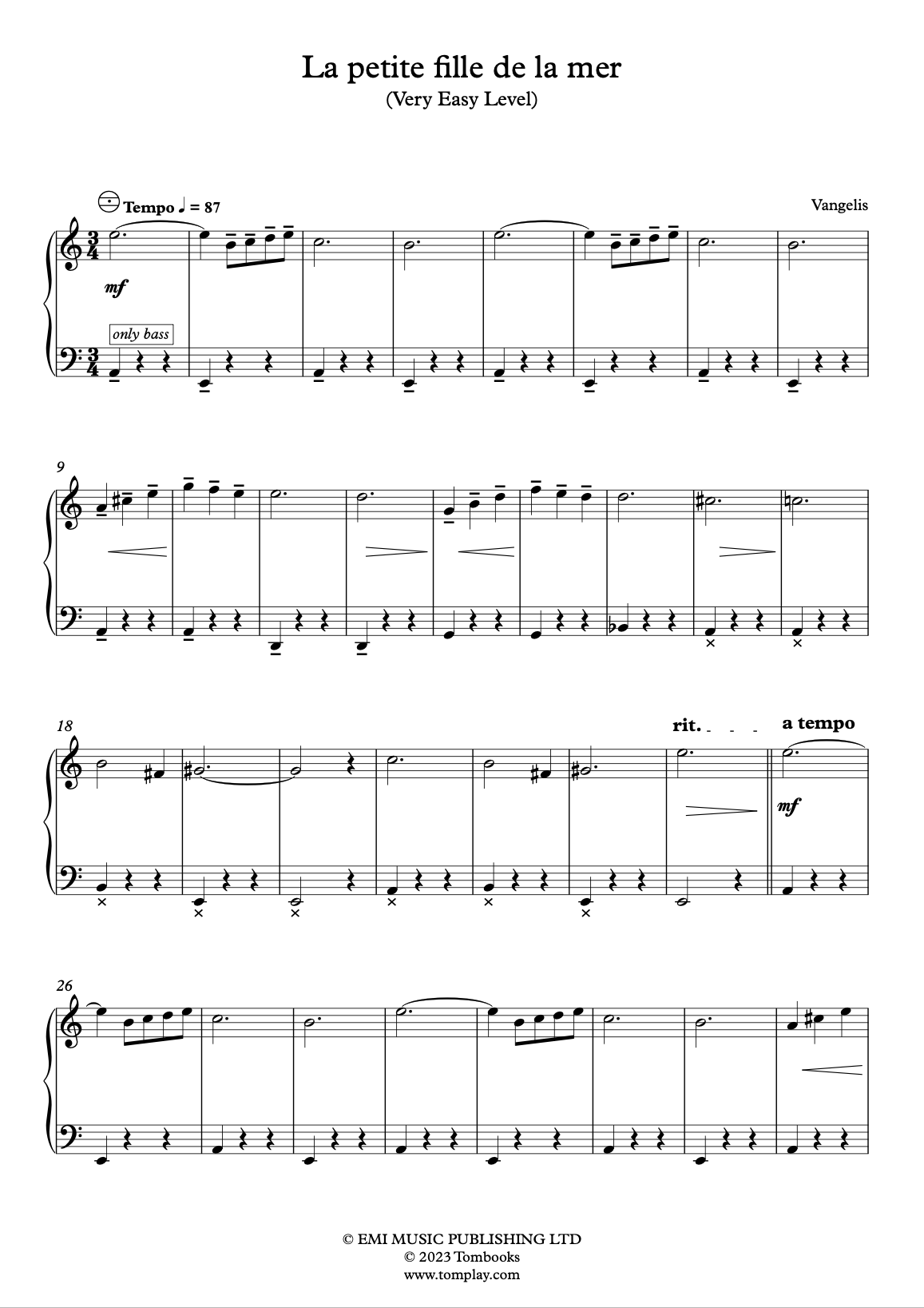 Vangelis - La Petite Fille de La Mer Sheet music for Piano (Solo