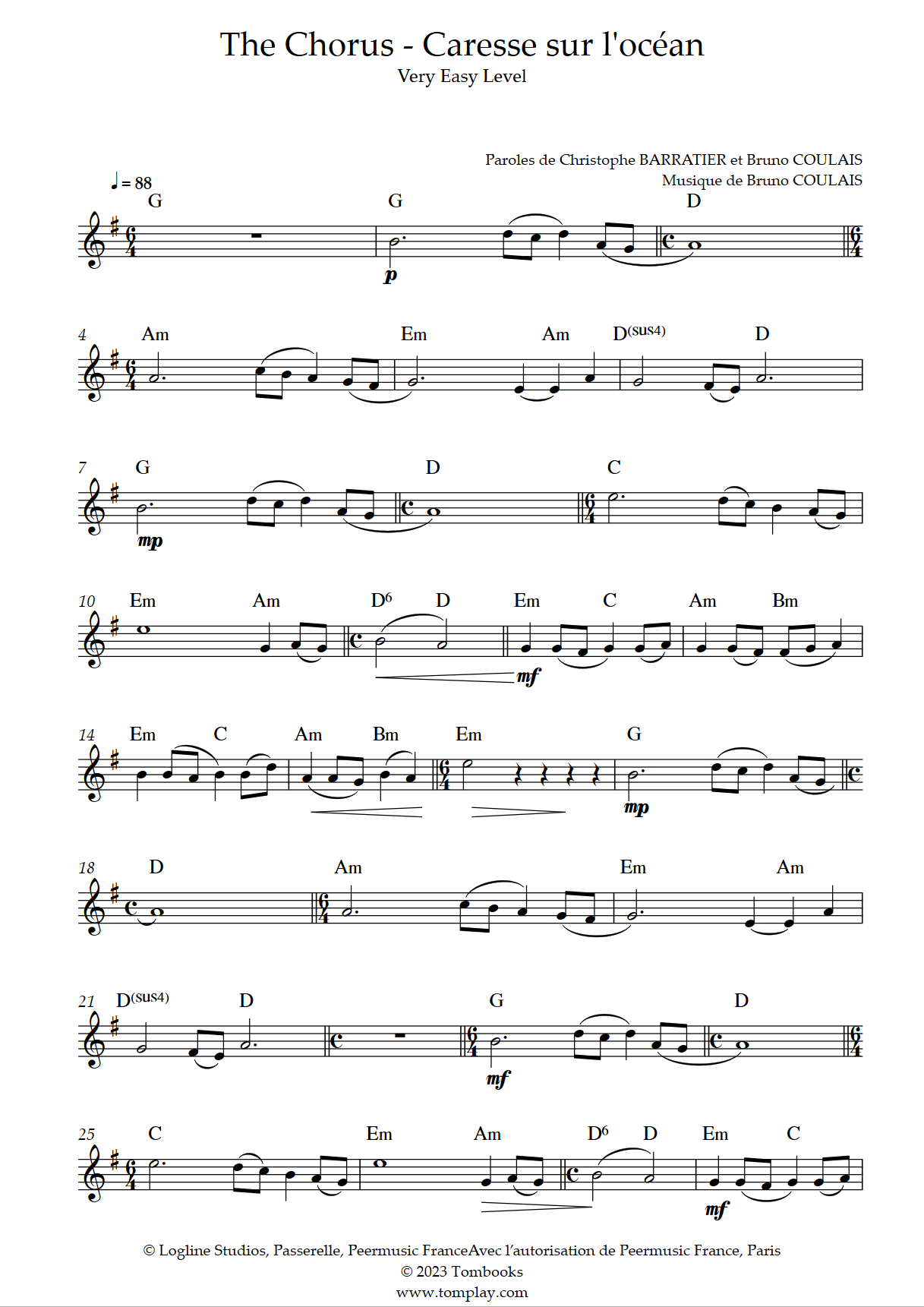 tubescore: Vois sur ton chemin Sheet Music by Bruno Coulais for Trumpet Les  Choristes OST The Chorus