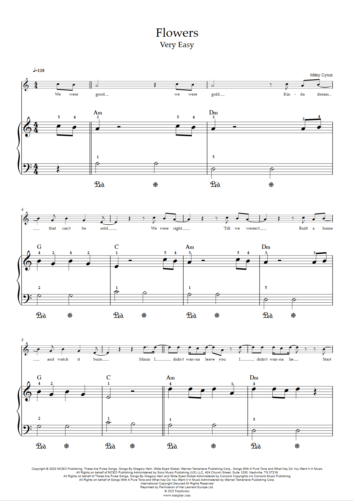 Flowers (Very Easy Level, Solo Piano) (Miley Cyrus) Piano Sheet Music