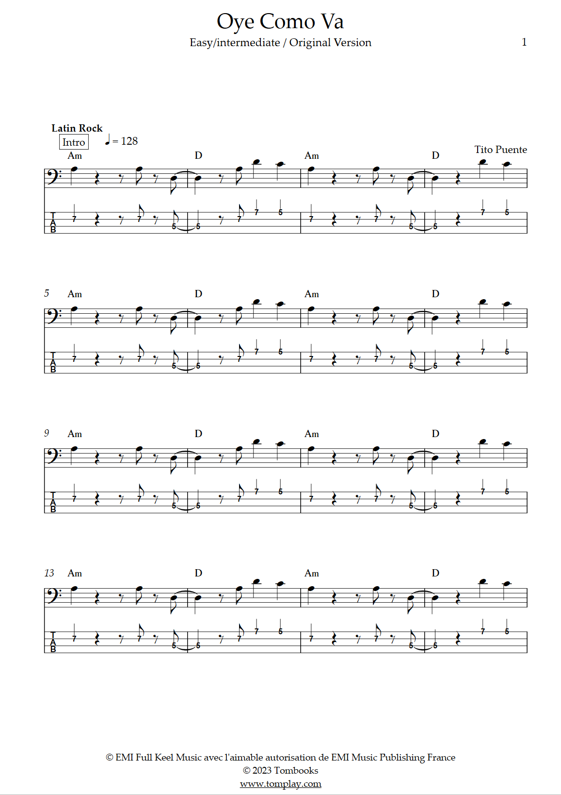 Oye Como Va - Original Version (Intermediate Level) (Santana) - Bass Tabs