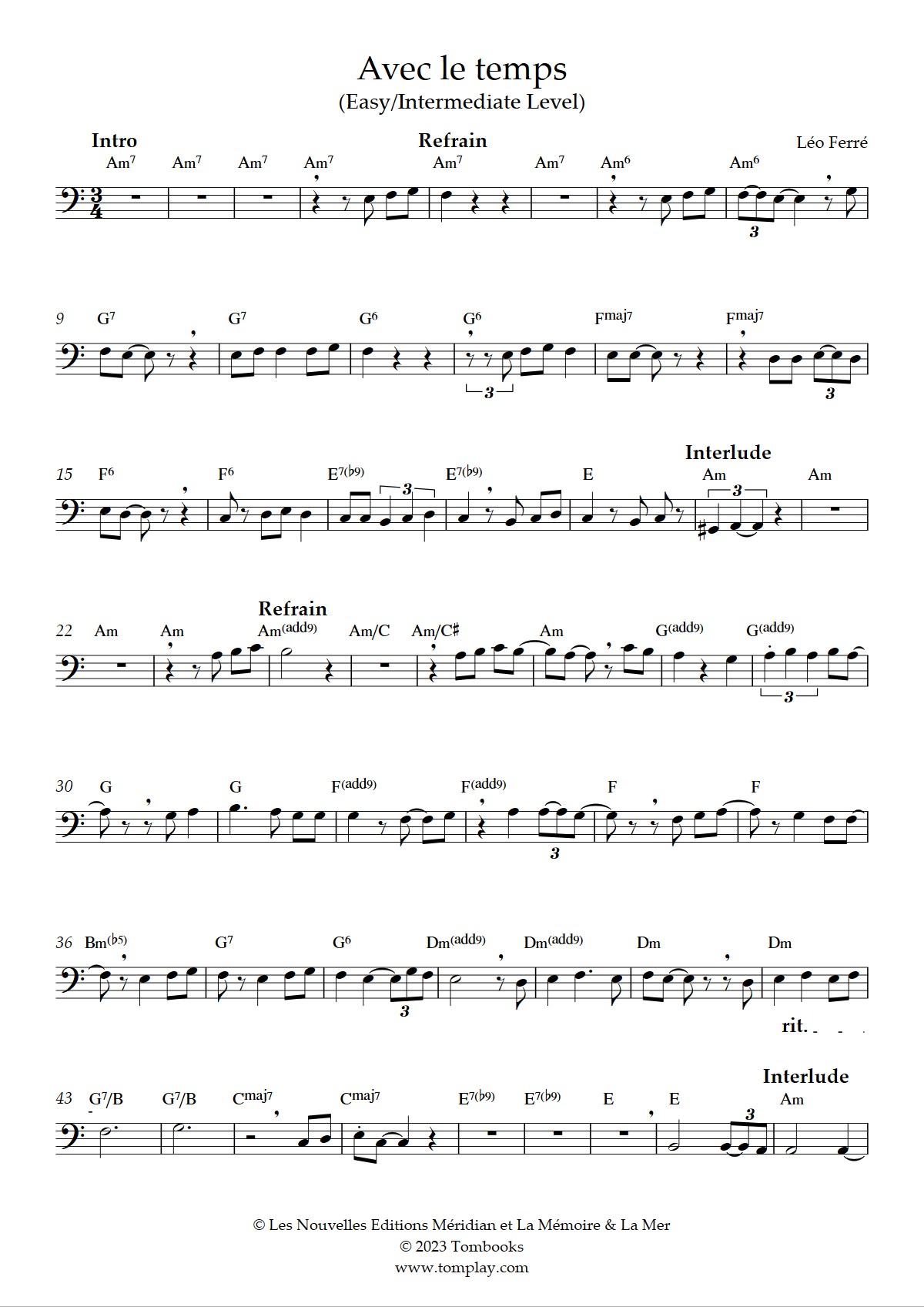 Avec le temps (Easy/Intermediate Level) (Léo Ferré) - Trombone Sheet Music