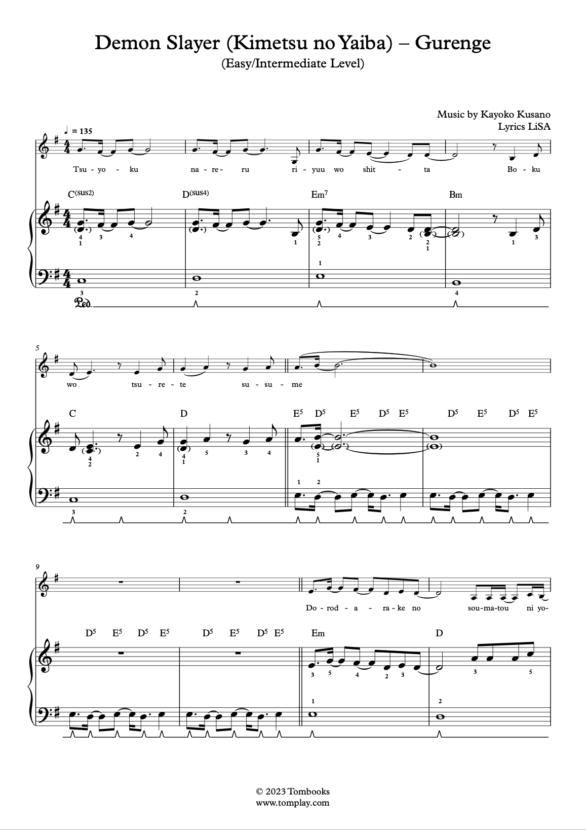 Kimetsu no Yaiba OP: Gurenge Sheet music for Piano (Solo)