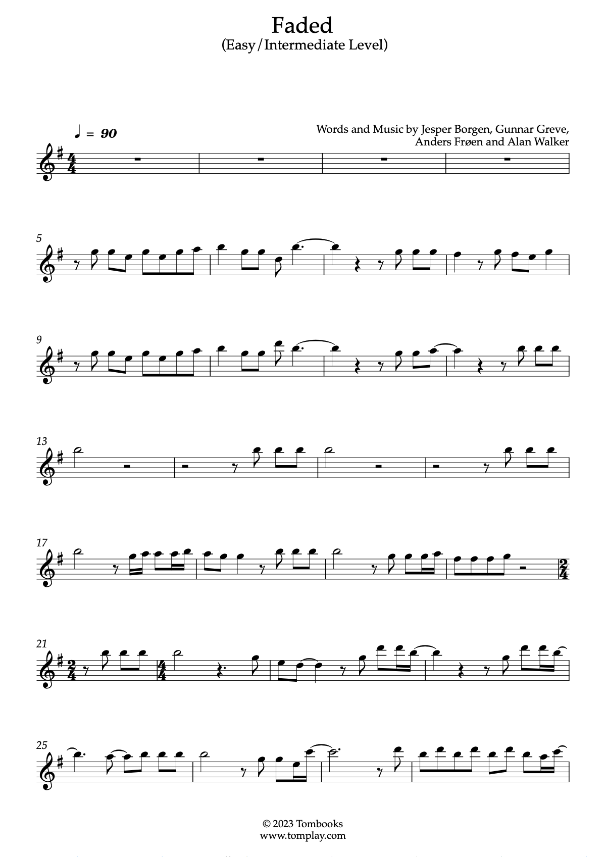 Faded (Easy/Intermediate Level) (Alan Walker) - Violin Sheet Music