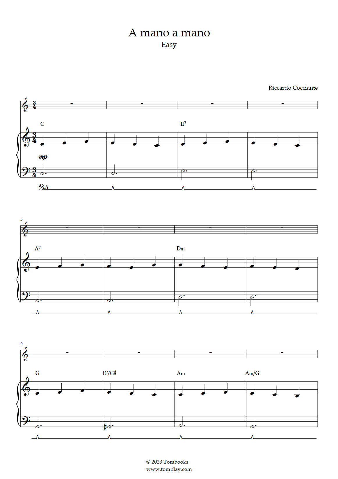 A mano a mano (Easy Level, Solo Piano) (Riccardo Cocciante) - Piano Sheet  Music