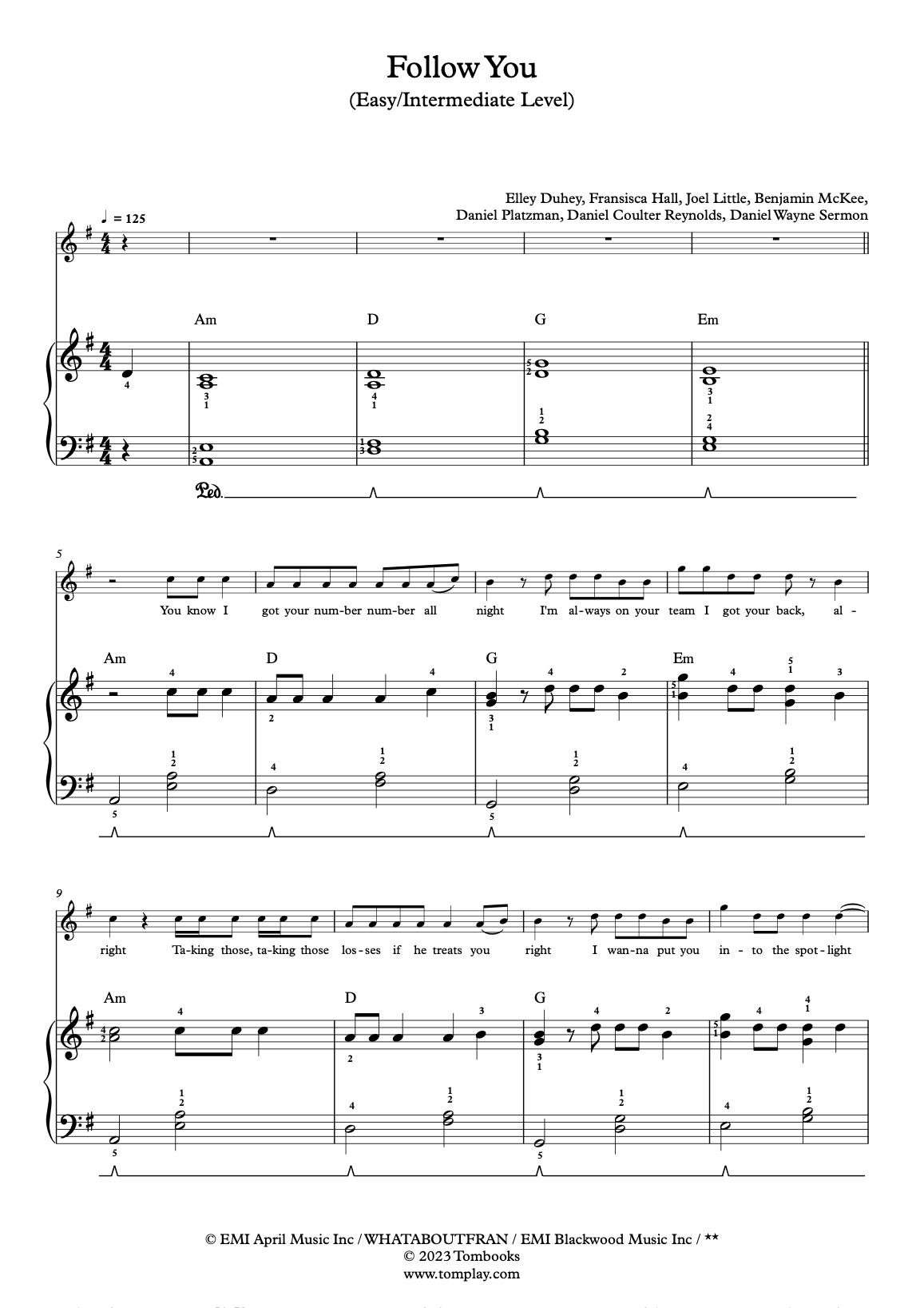 Follow You Easyintermediate Level With Orchestra Imagine Dragons Piano Sheet Music 5728