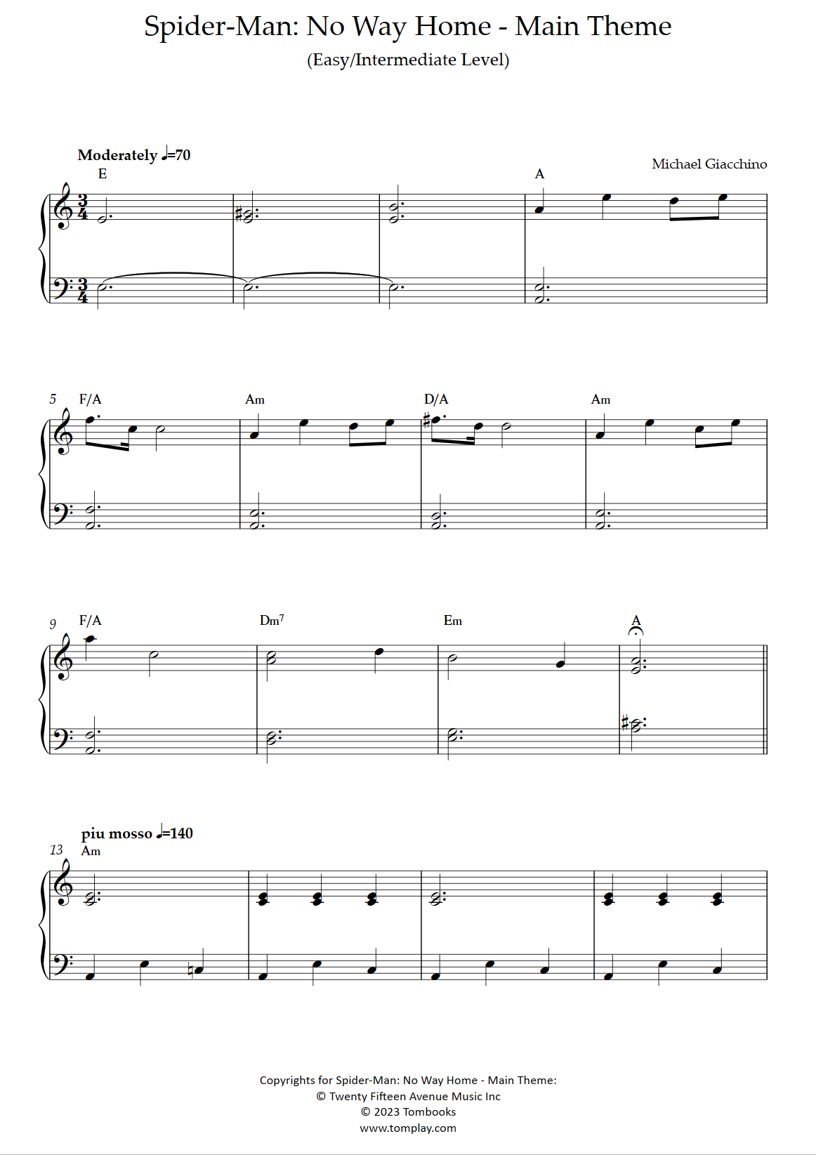Spider-Man: No Way Home (Main Theme) sheet music for piano solo
