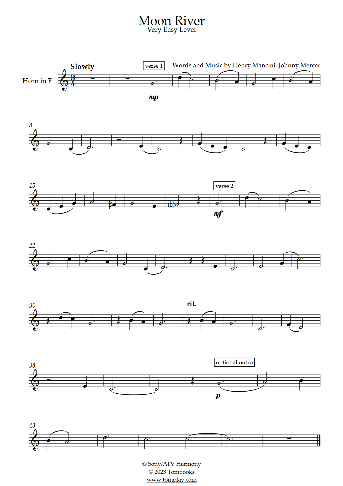 Download Digital Sheet Music of moon river for French horn