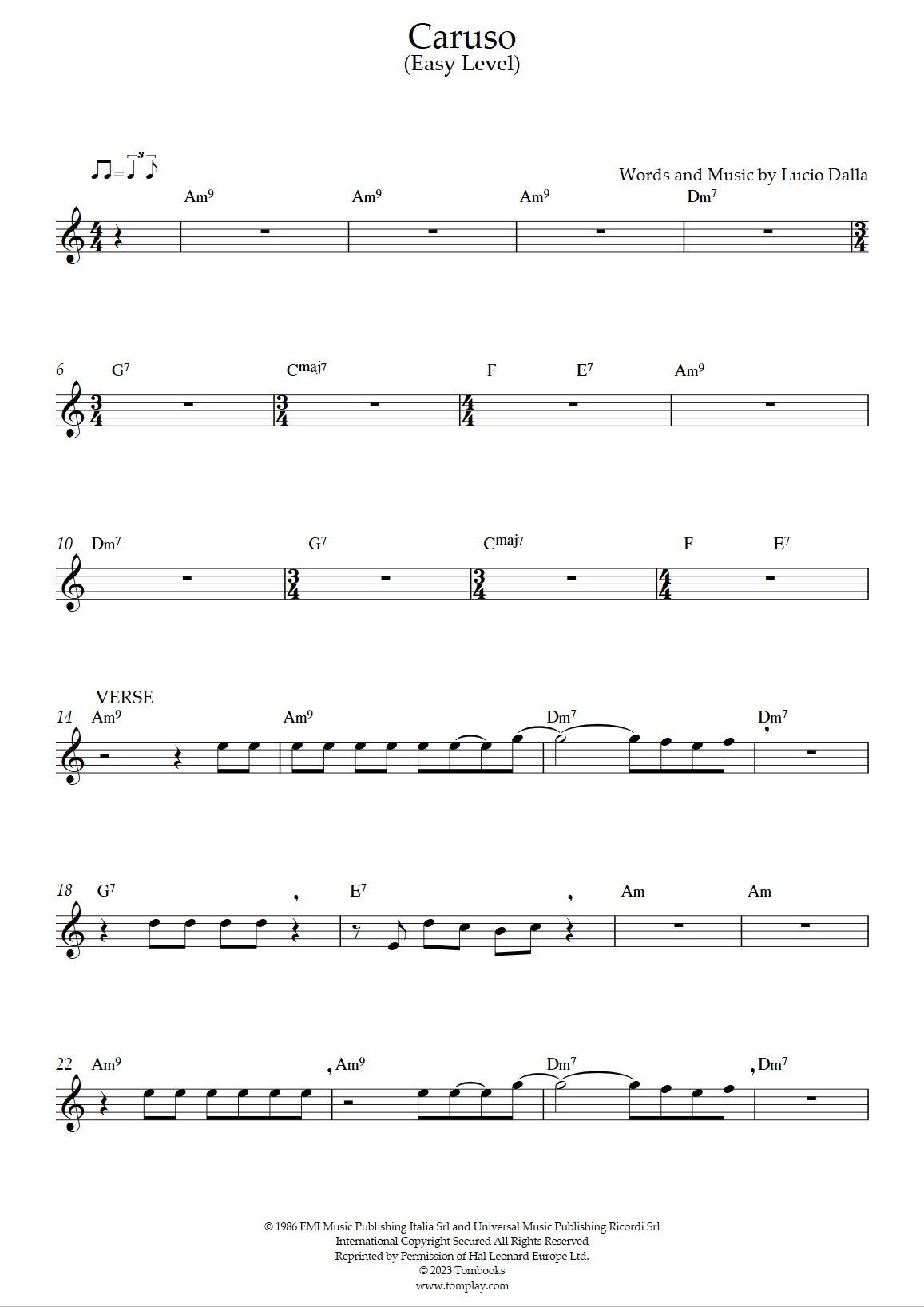 Caruso (Easy Level) (Lucio Dalla) - Flute Sheet Music