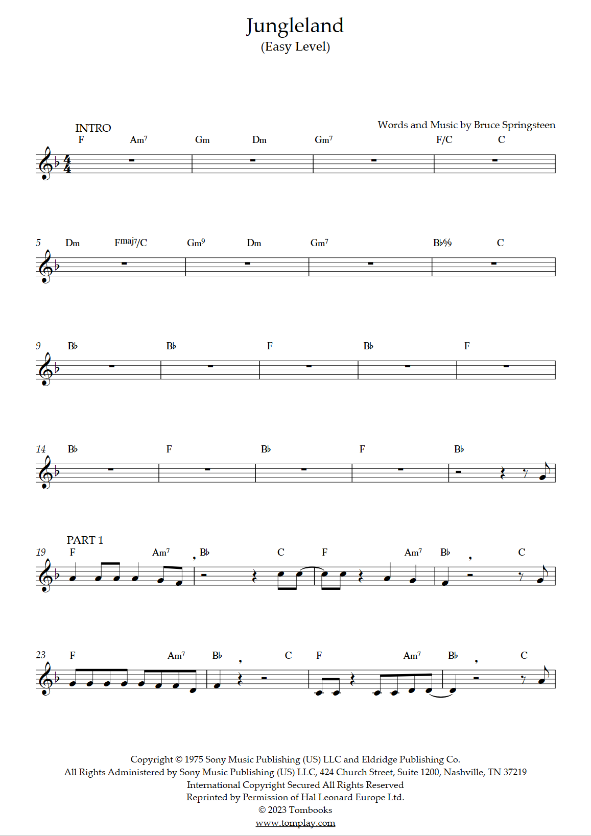 Jungleland (Easy Level) (Bruce Springsteen) - Trumpet Sheet Music