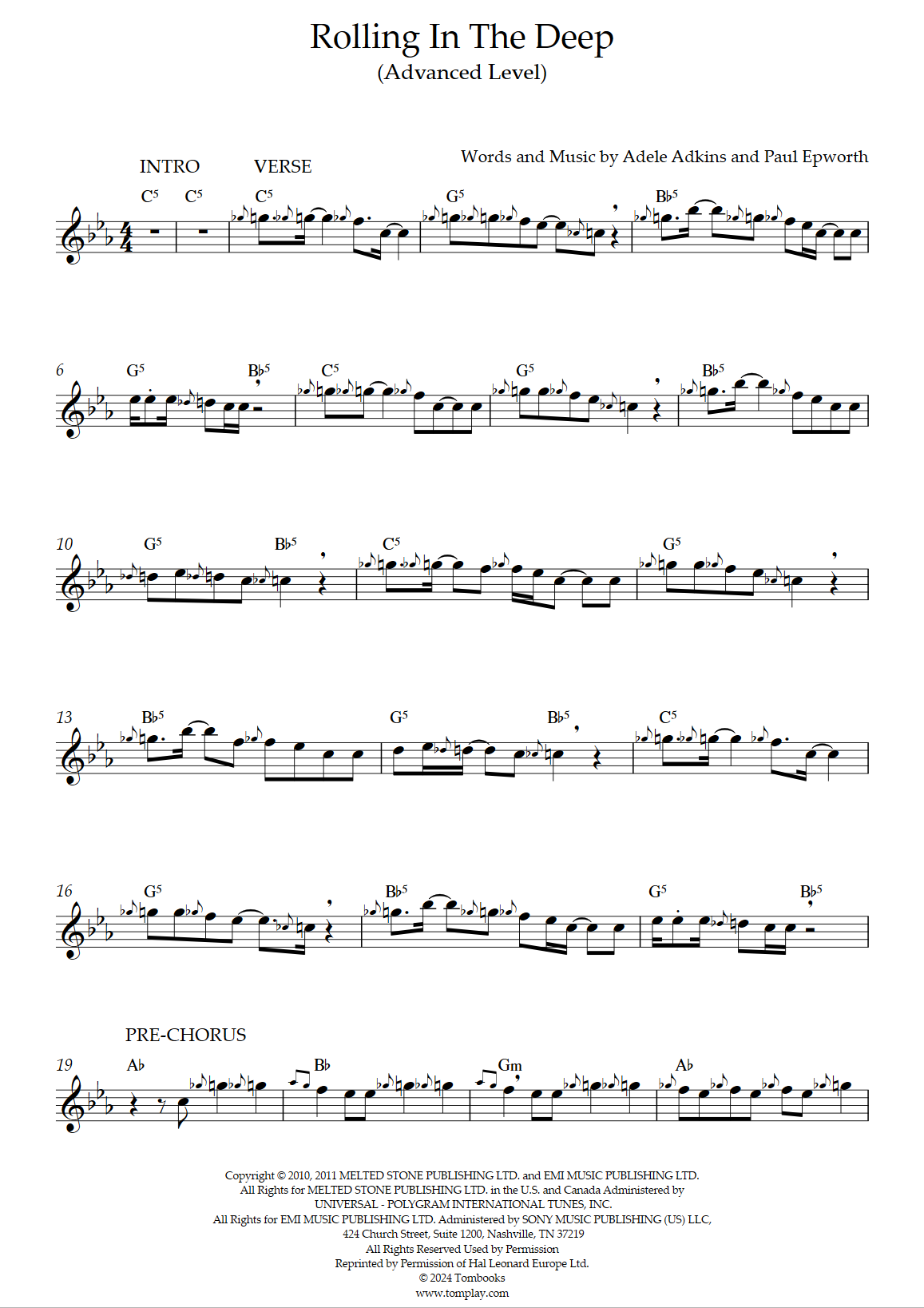 Rolling in the Deep Advanced Level Adele Flute Sheet Music