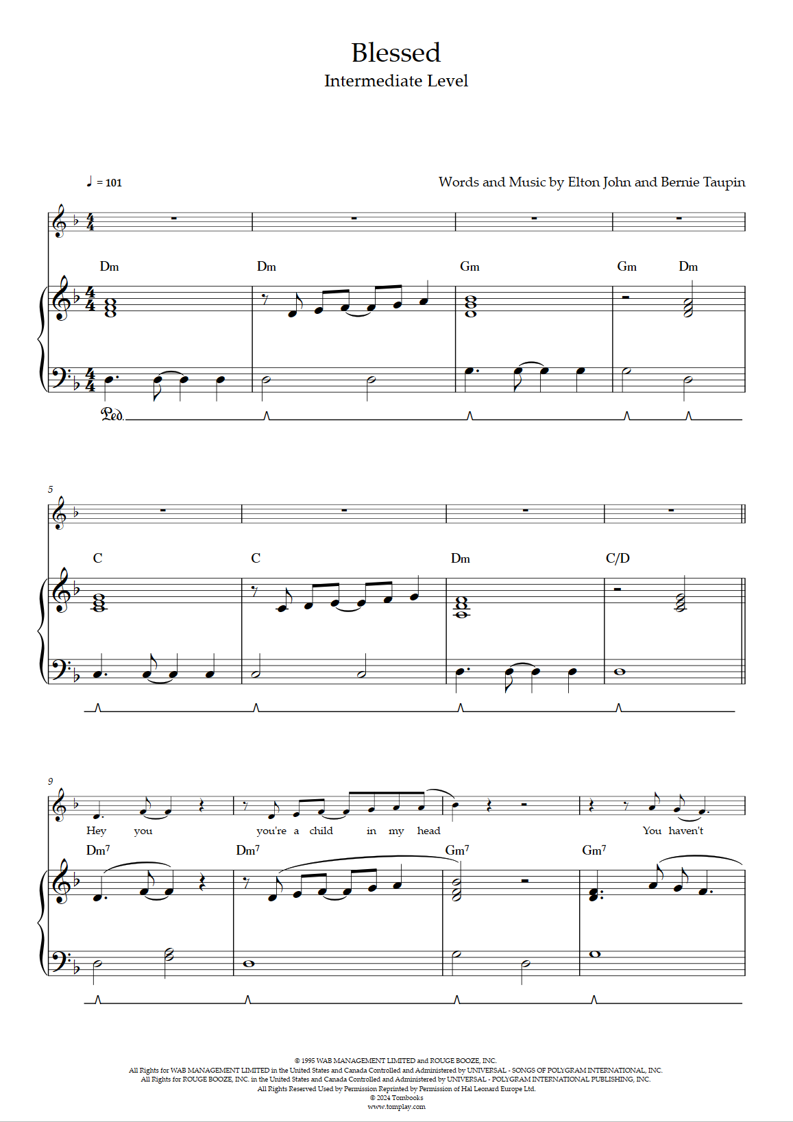 Blessed (Intermediate Level, Solo Piano) (Elton John) - Piano Sheet Music