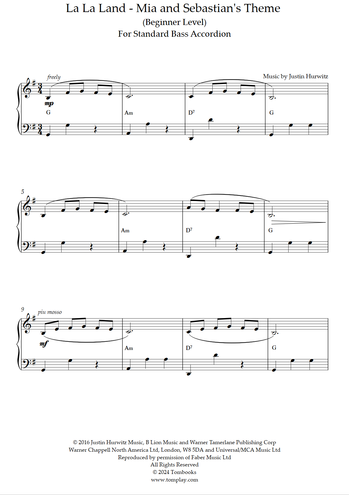 La La Land Mia and Sebastian's Theme (Beginner Level, Solo Accordion
