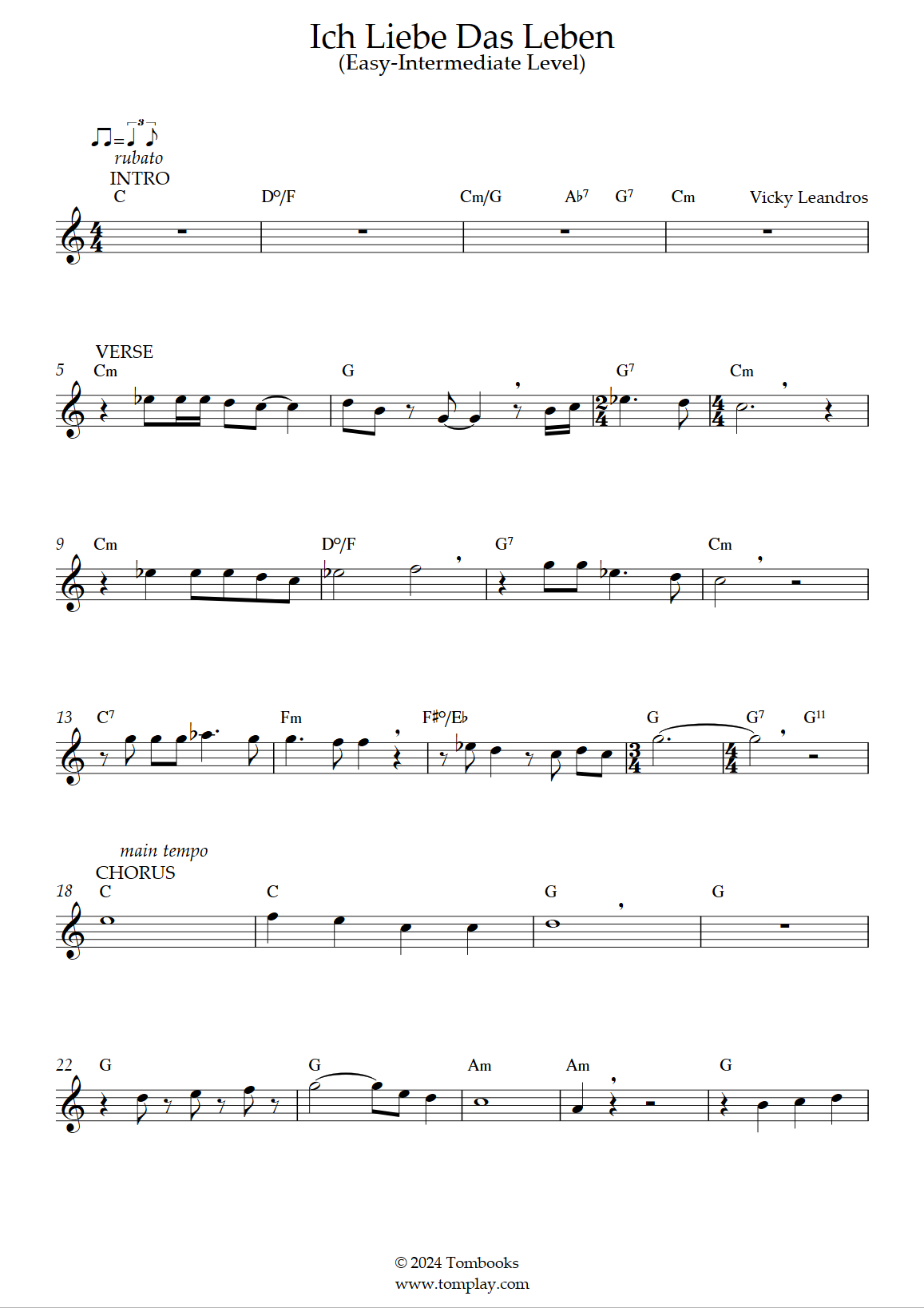 Ich liebe das Leben (Leichte/mittlere Stufe, AltSax) (Vicky Leandros) Noten für Saxophon