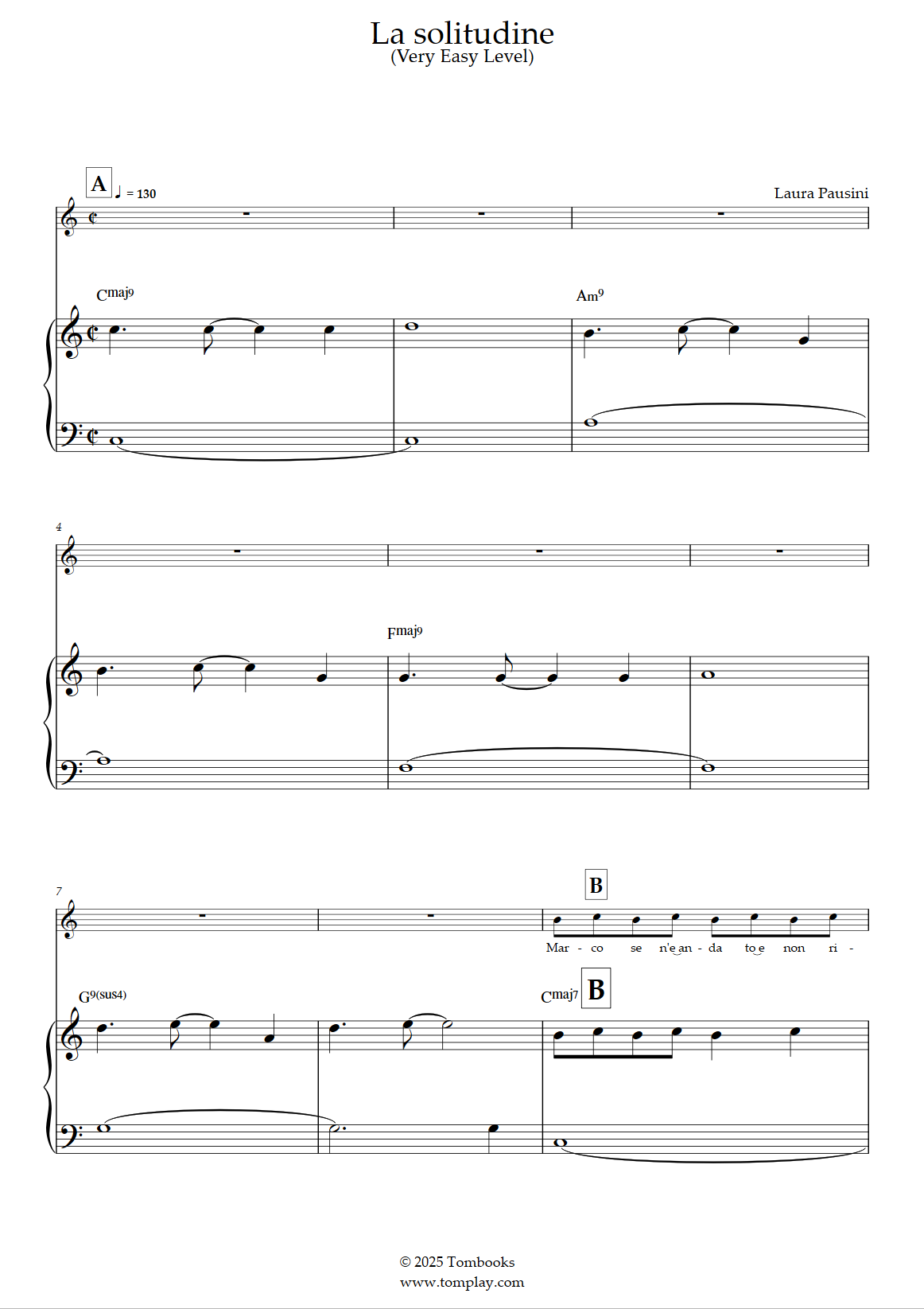 La solitudine (Very Easy Level, with Orchestra) (Laura Pausini) Piano