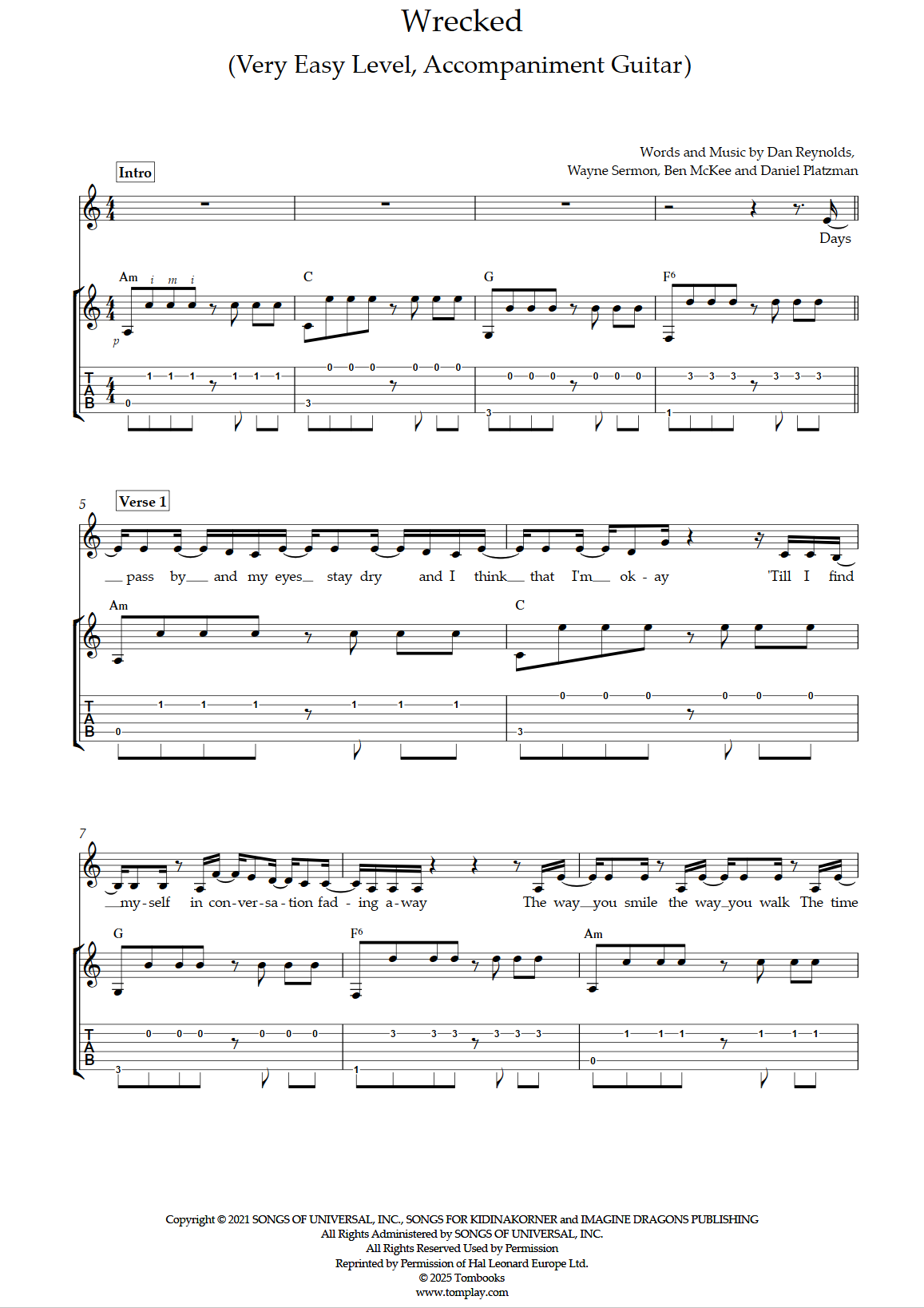 Wrecked (Very Easy Level, Guitar) (Imagine Dragons