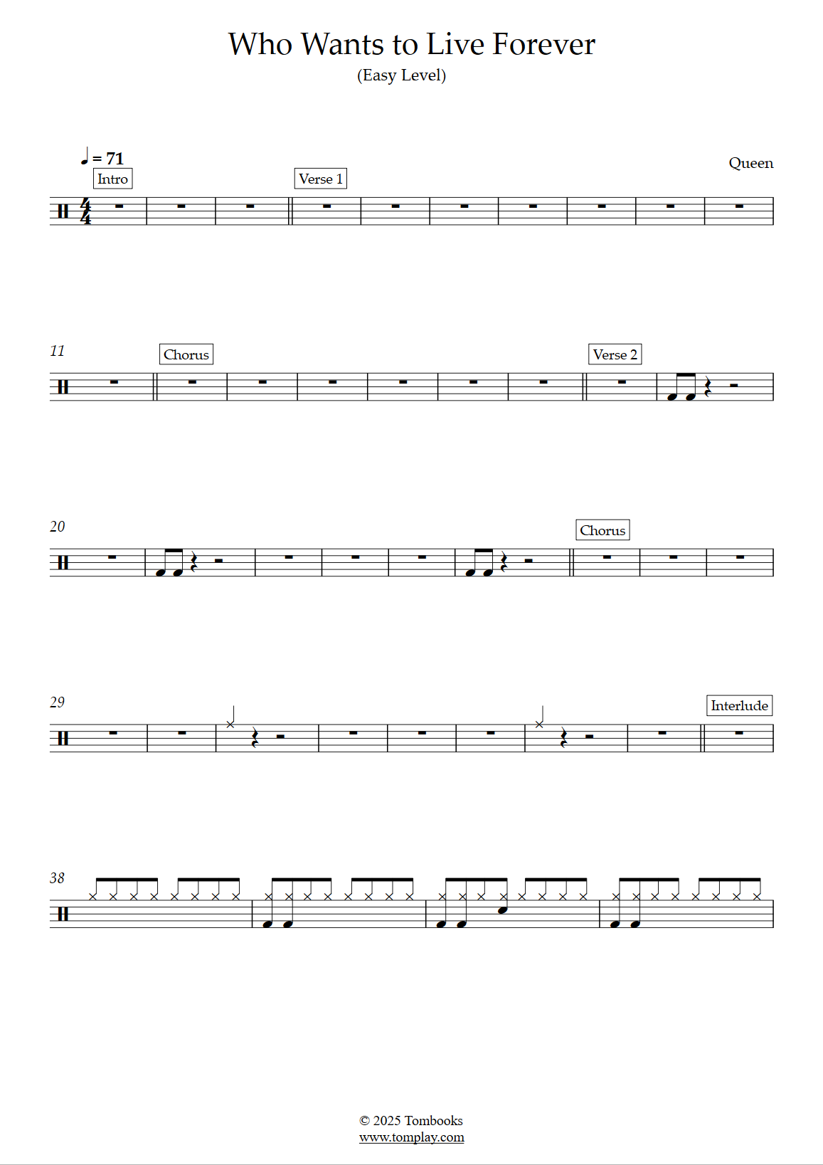 Who Wants to Live Forever (Easy Level) (Queen) Drums Sheet Music