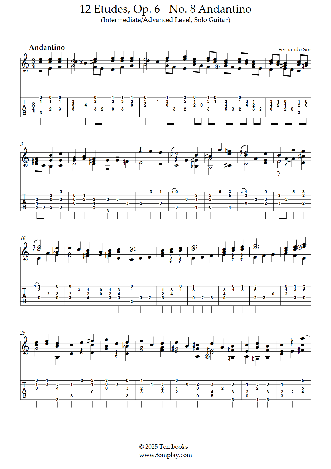 12 Etudes, Op. 6 No. 8 Andantino (Intermediate/Advanced Level, Solo