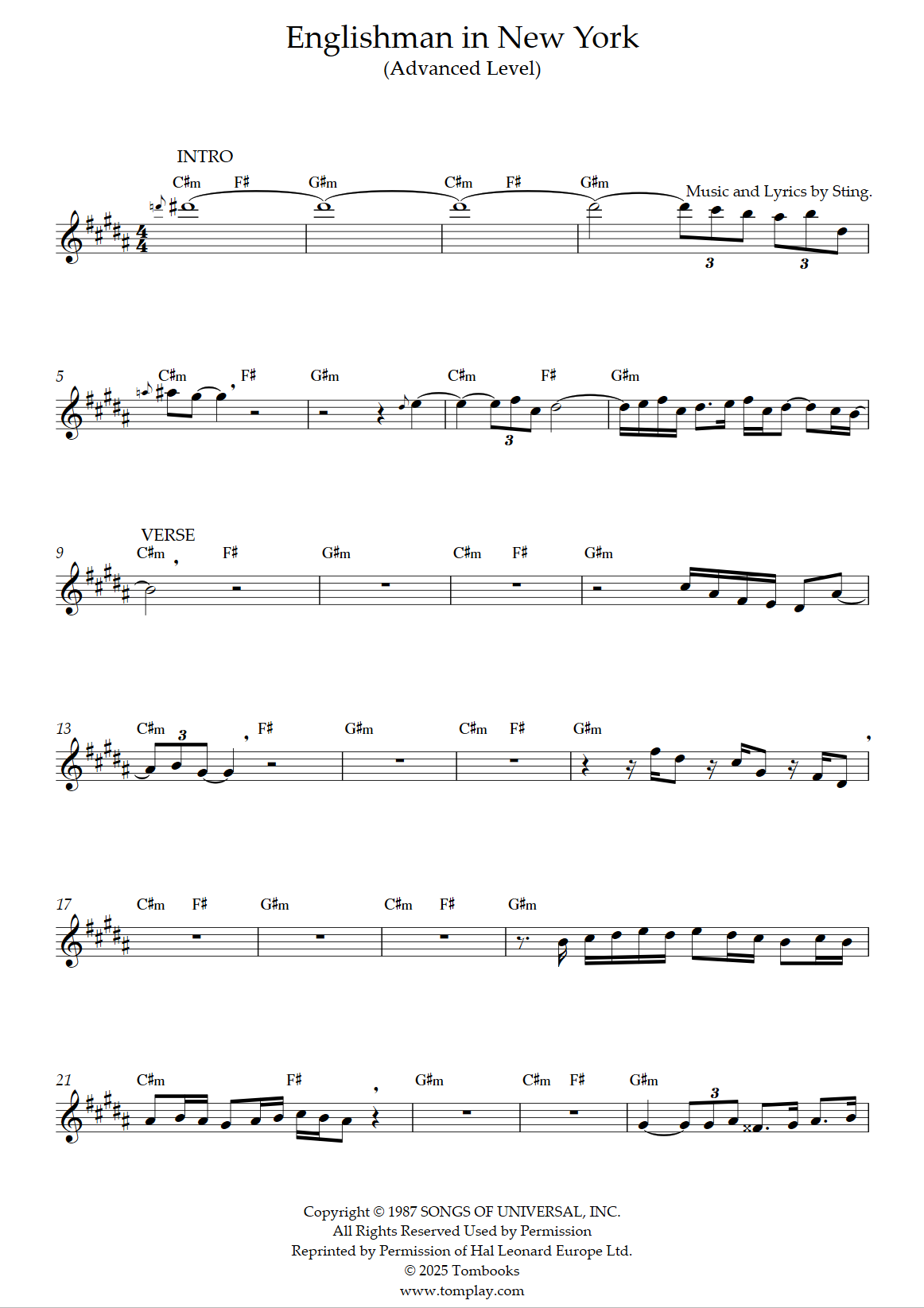 Englishman in New York (Advanced Level, Baritone Sax, Solo Part) (Sting