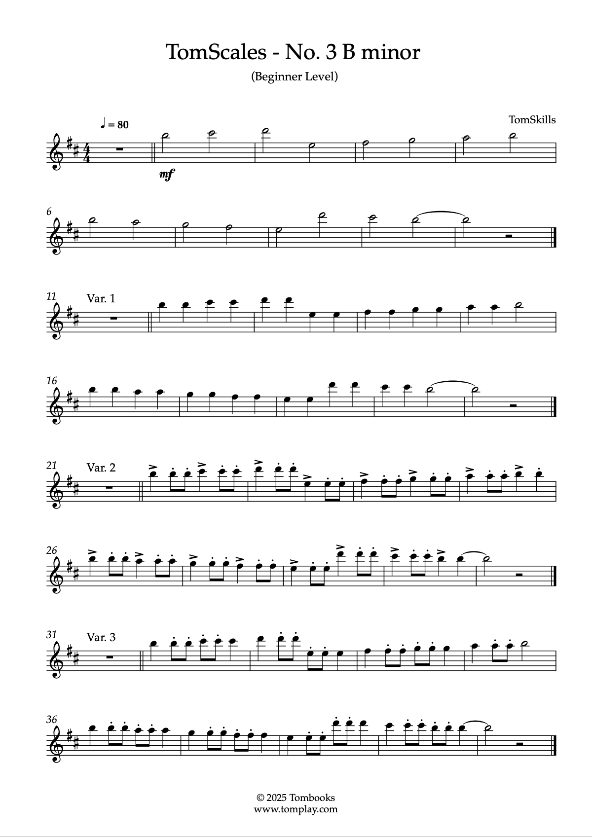 TomScales No. 3 B minor (Beginner Level) (TomSkills) Flute Sheet Music