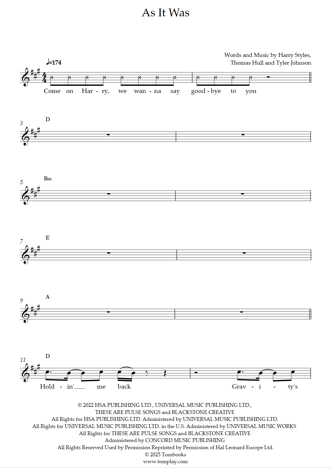 As It Was (Harry Styles) Vocal Sheet Music