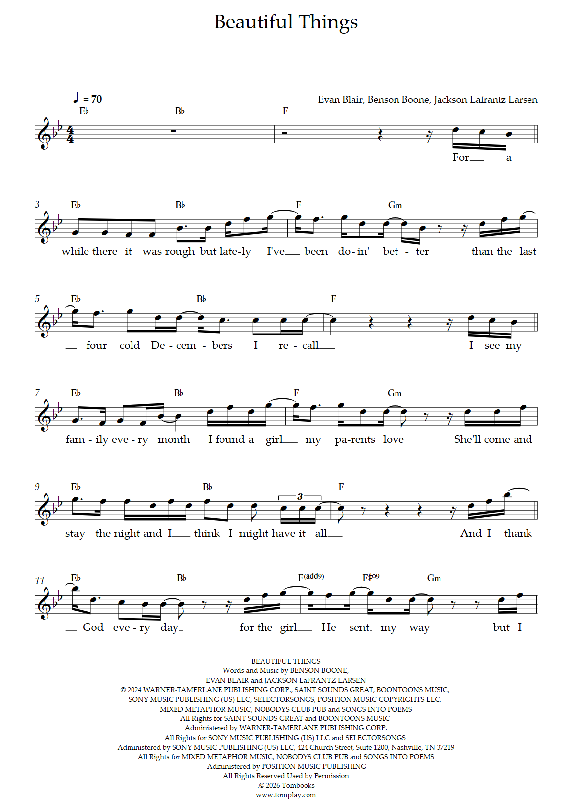 Beautiful Things (Benson Boone) - Vocal Sheet Music