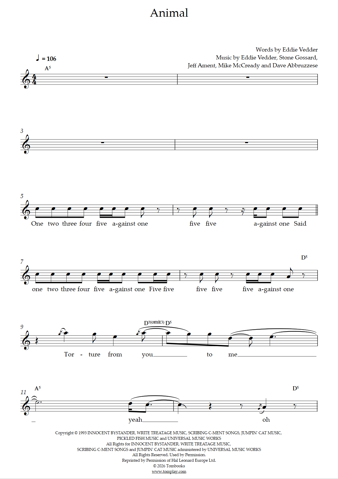 Animal (Pearl Jam) - Vocal Sheet Music