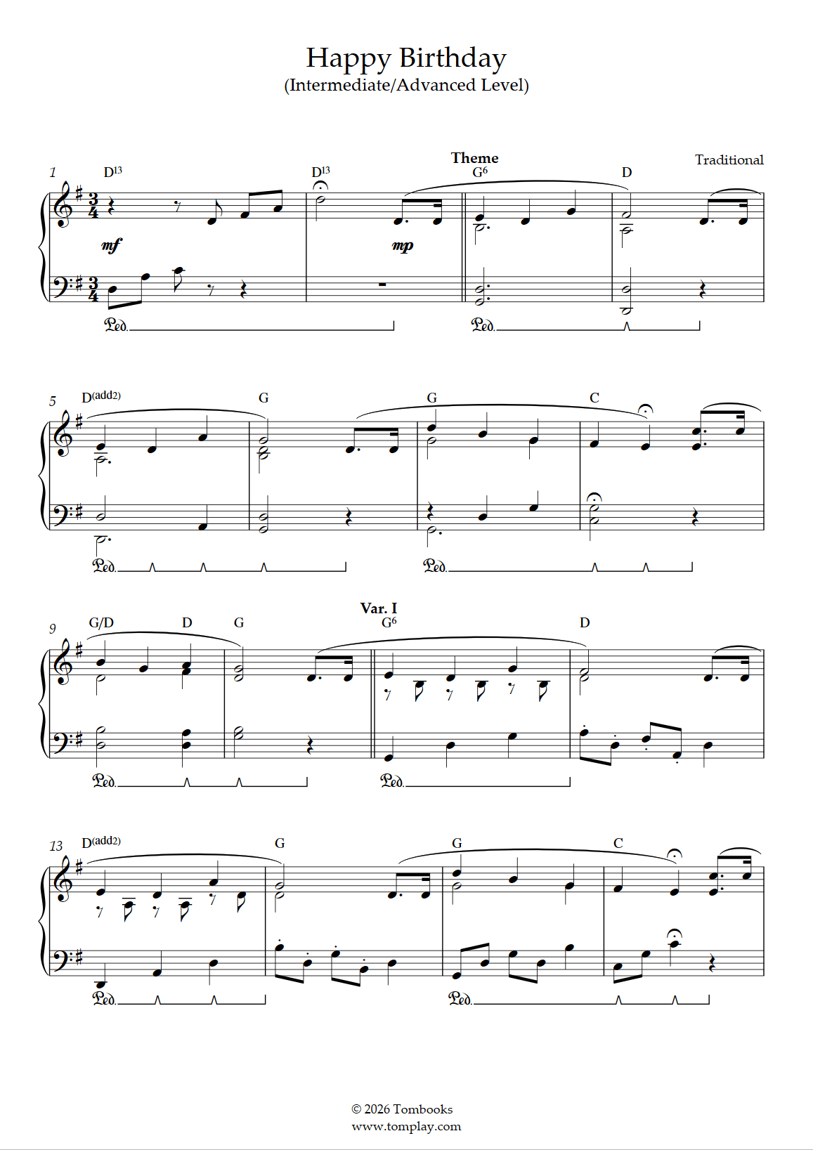 ハッピー・バースデー (中級 - 上級, ピアノ) (伝承曲) - ピアノ 楽譜