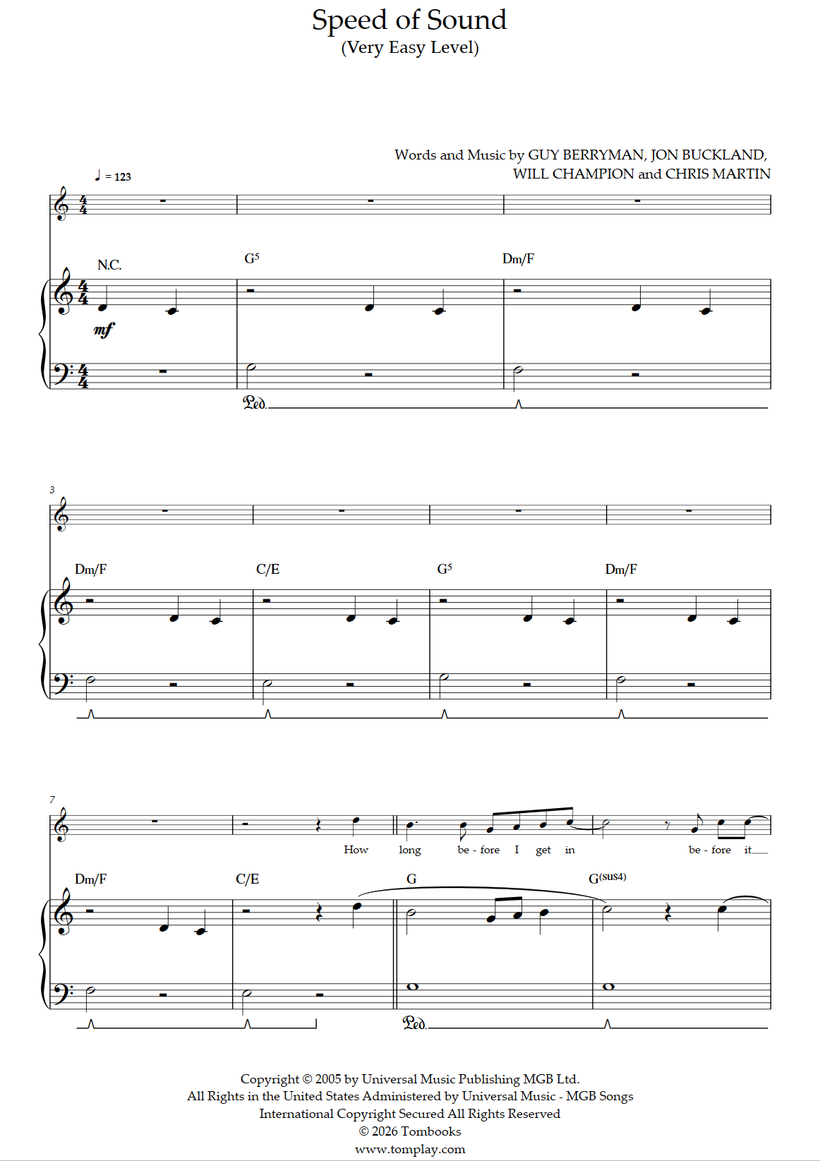 Speed of Sound (Very Easy Level, Solo Piano) (Coldplay) - Piano Sheet Music