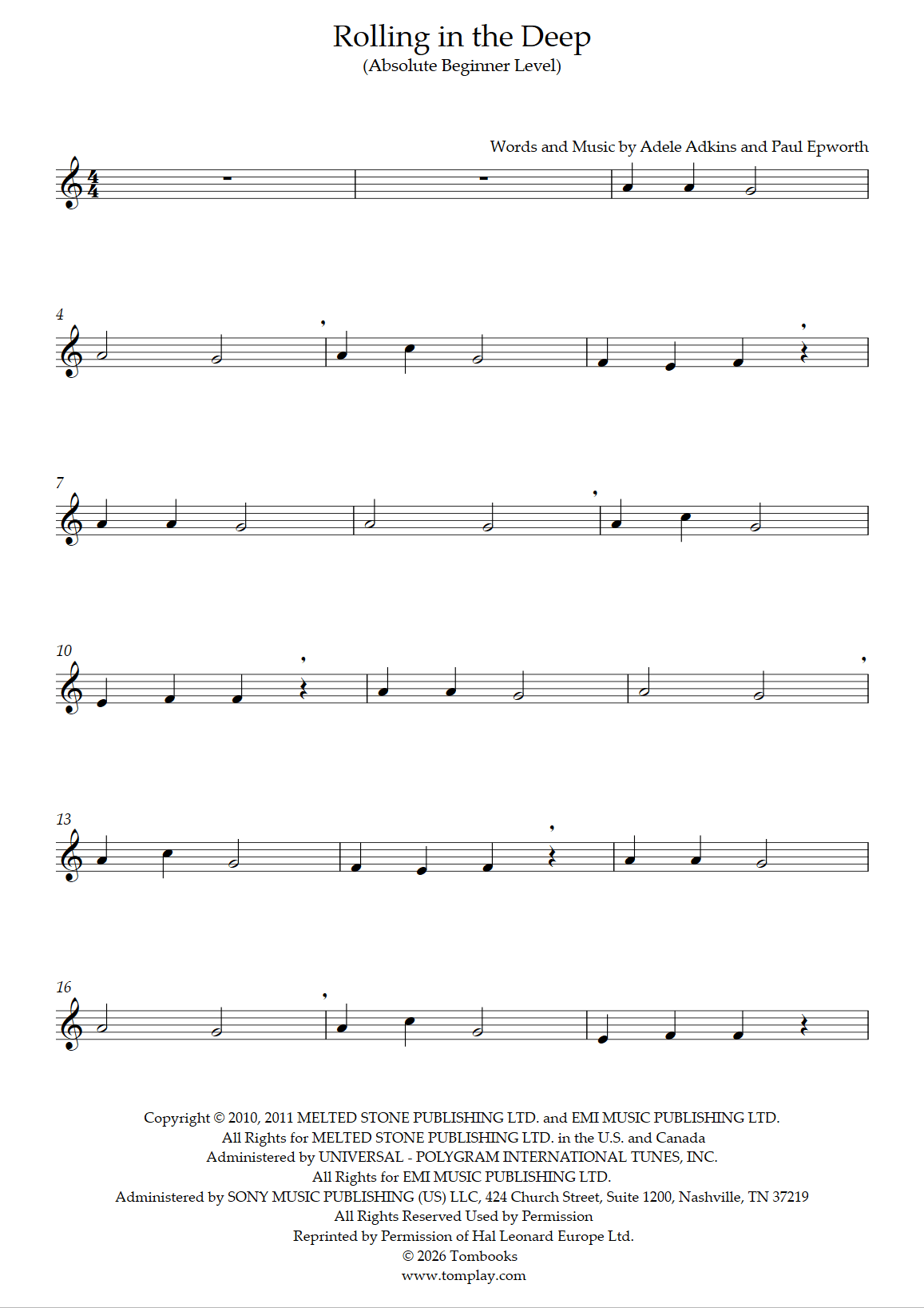 Rolling in the Deep (absolute Beginner Level) (Adele) - Flute Sheet Music