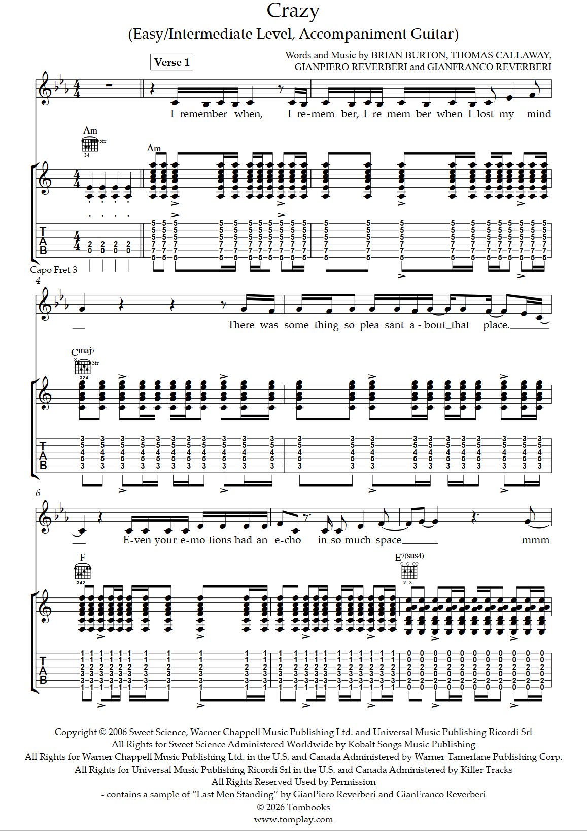 Crazy (Easy/Intermediate Level, Accompaniment Guitar) (Gnarls Barkley ...