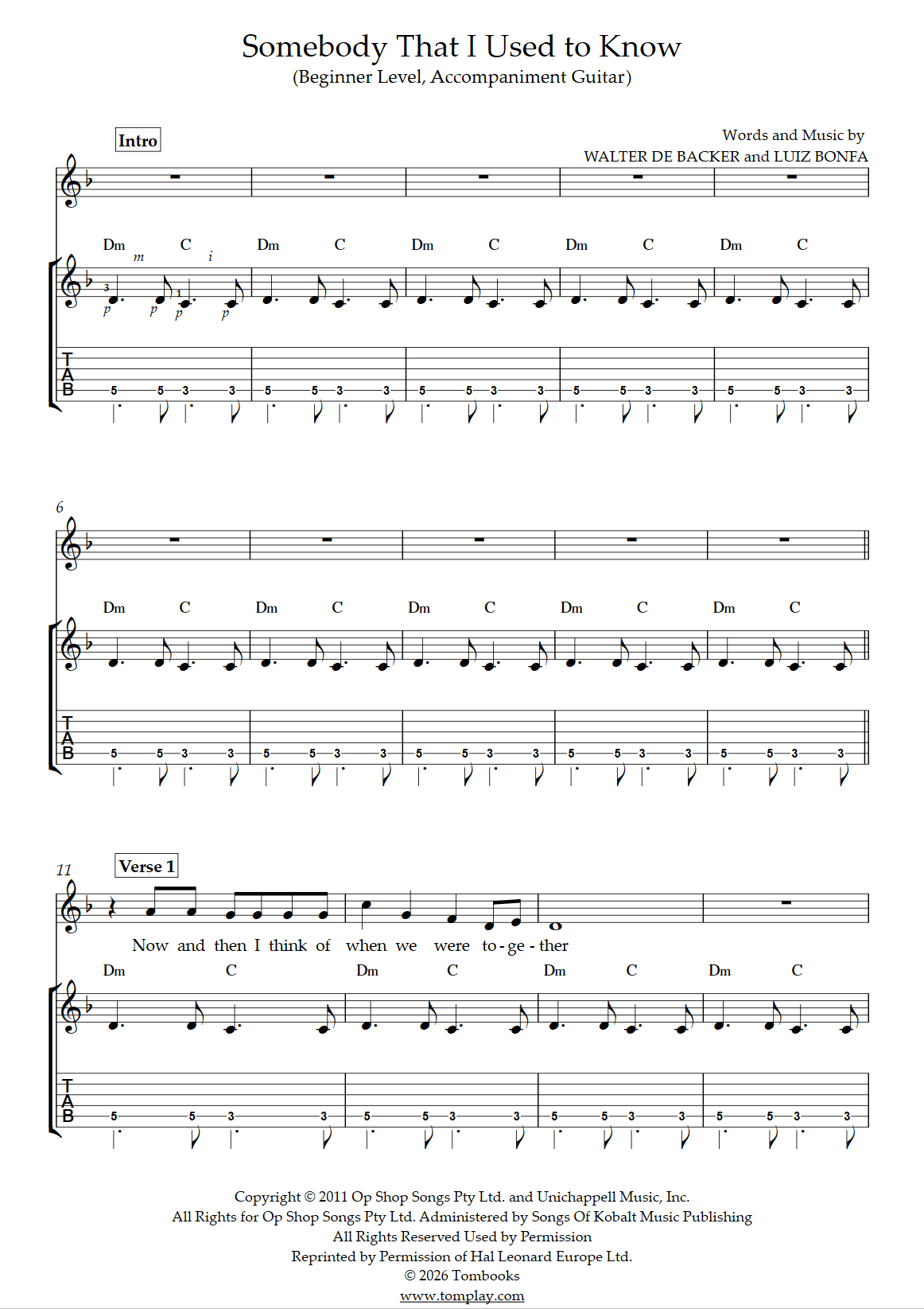 Somebody That I Used to Know (Beginner Level, Accompaniment Guitar ...