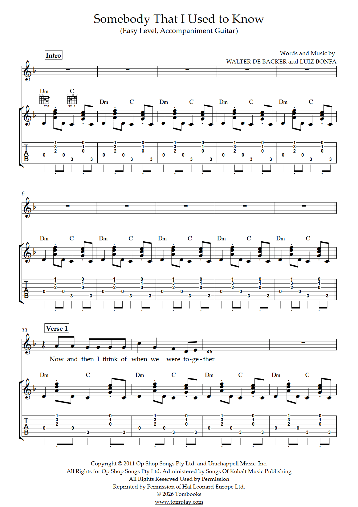 Somebody That I Used to Know (Easy Level, Accompaniment Guitar) (Gotye ...