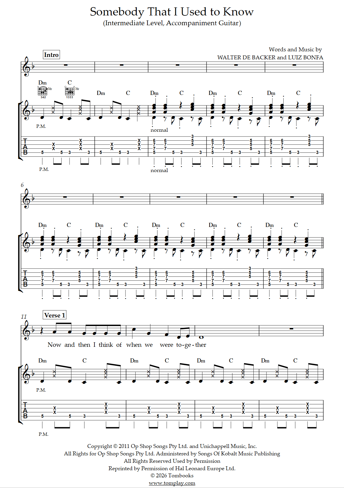Somebody That I Used to Know (Intermediate Level, Accompaniment Guitar ...