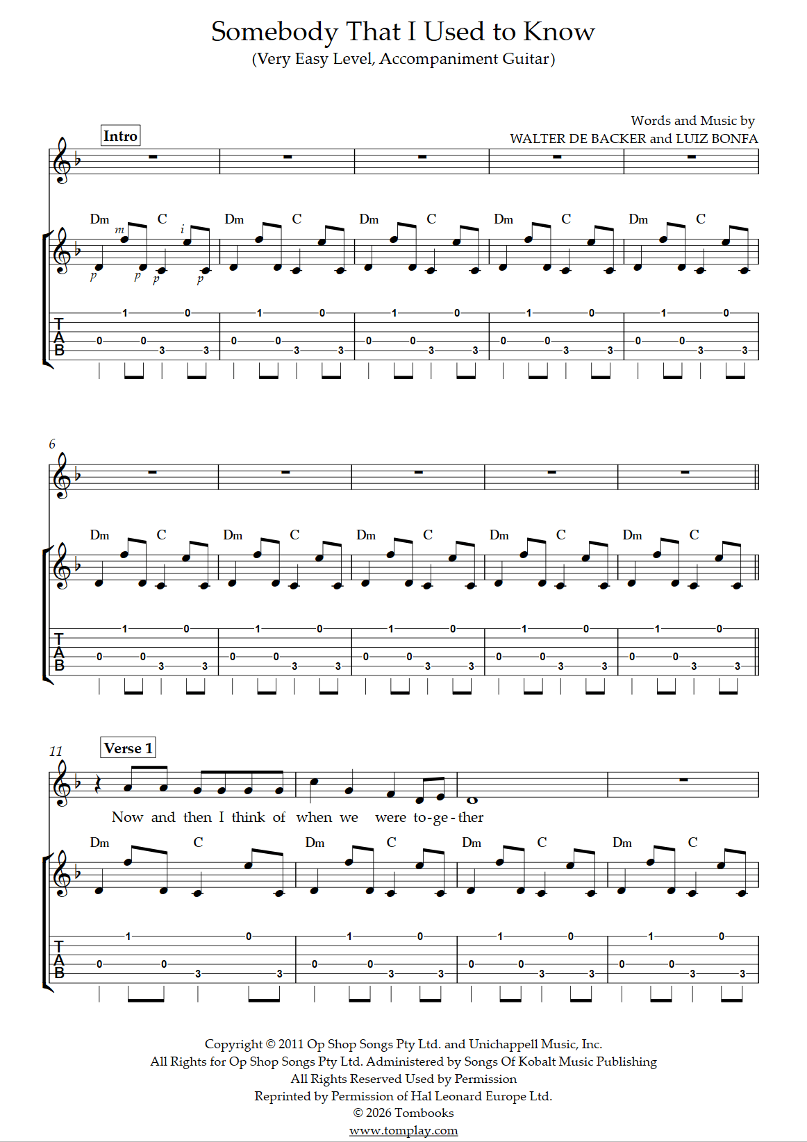Somebody That I Used to Know (Very Easy Level, Accompaniment Guitar ...