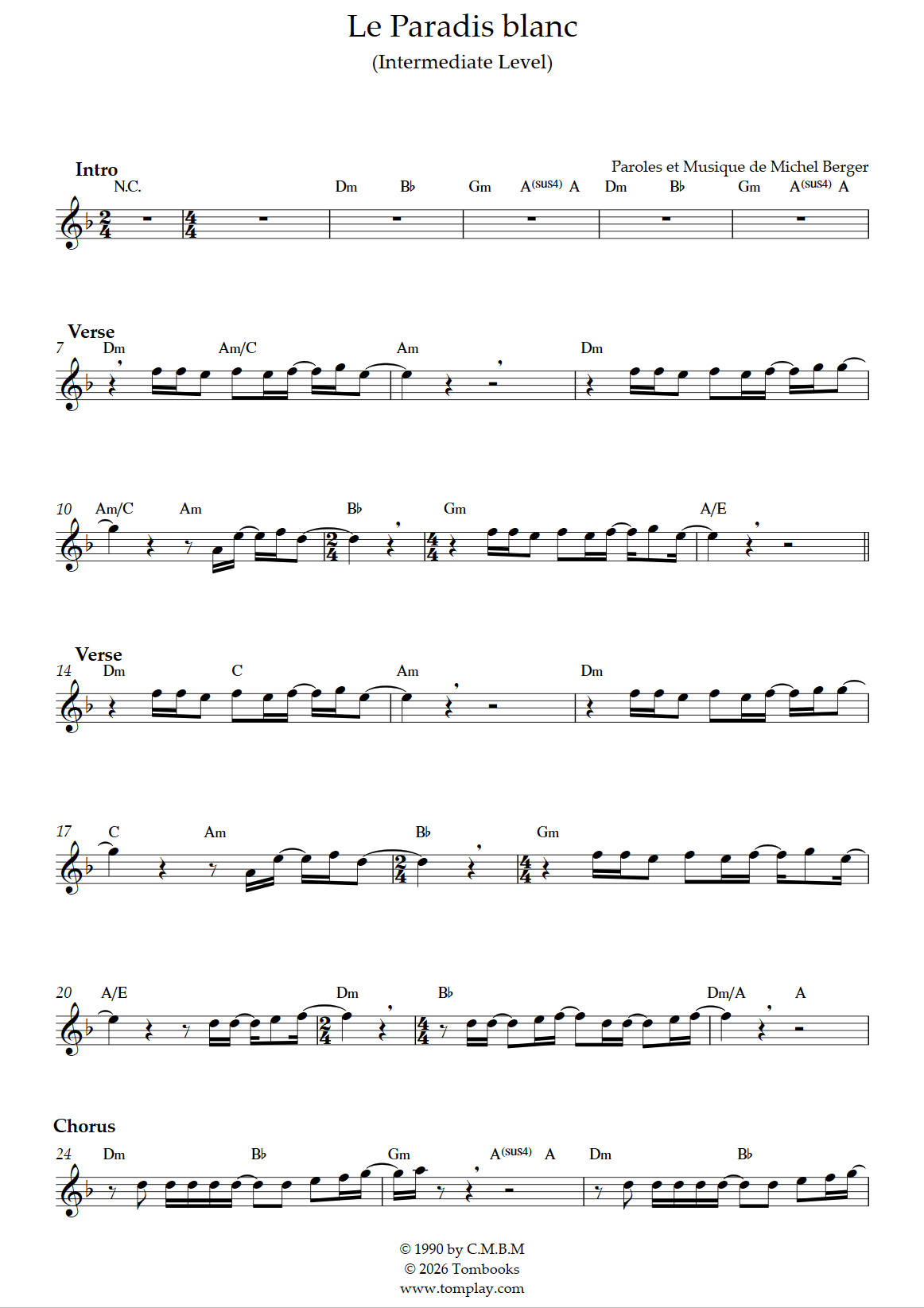 Le Paradis blanc (Intermediate Level, Alto Sax) (Michel Berger ...