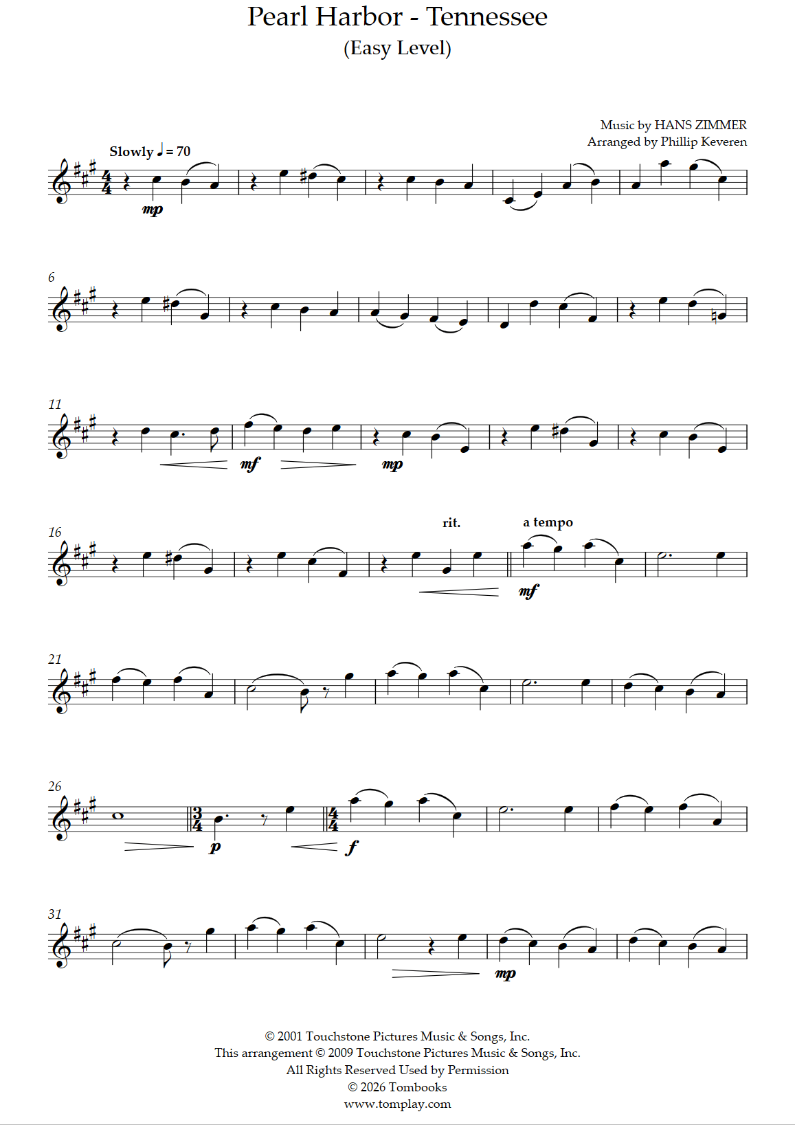 Pearl Harbor - Tennessee (Easy Level) (Hans Zimmer) - Violin Sheet Music