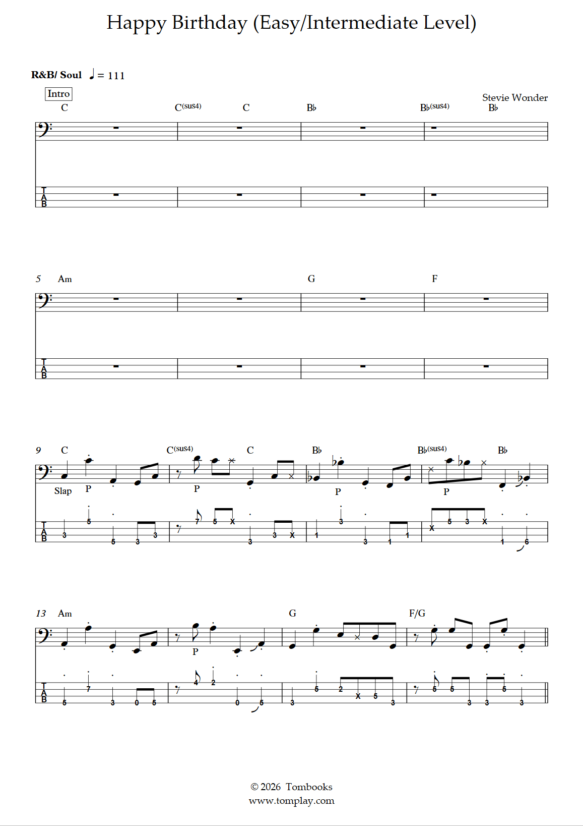 Happy Birthday (Easy/Intermediate Level) (Stevie Wonder) - Bass Tabs
